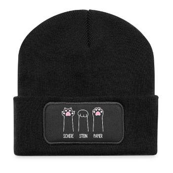 Katze Pfote Katzenpfoten Spiel Schere Stein Papier - Recycelte Patch Beanie - Schwarz - Vorne