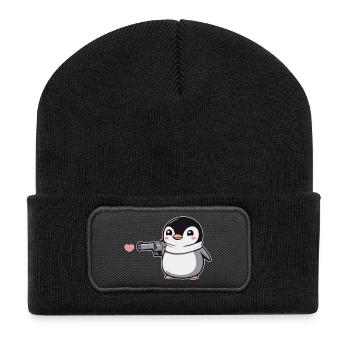 Lustiger Pinguin mit Pistole Herzen Valentinstag - Recycelte Patch Beanie - Schwarz - Vorne
