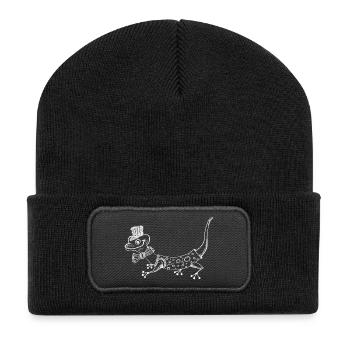 Gecko Deluxe mit Hut und Fliege - Recycelte Patch Beanie - Schwarz - Vorne