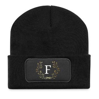 Buchstabe f Goldene Blumenkrone - Recycelte Patch Beanie - Schwarz - Vorne