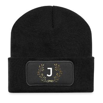 Letter j Gold Floral Crown - Recycled Patch Beanie - black - Front