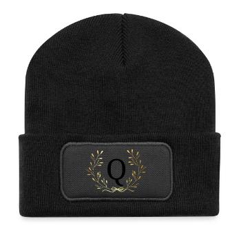Buchstabe Q Goldene Blumenkrone - Recycelte Patch Beanie - Schwarz - Vorne