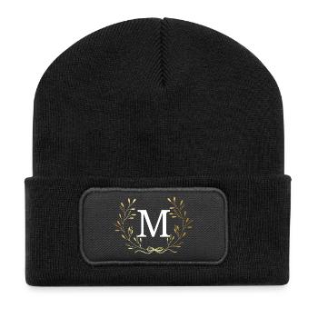 Buchstabe M Goldene Blumenkrone - Recycelte Patch Beanie - Schwarz - Vorne
