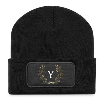 Letter y Gold Floral Crown - Recycled Patch Beanie - black - Front