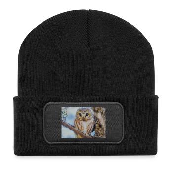 Wald Eulenporträt Aquarell - Recycelte Patch Beanie - Schwarz - Vorne