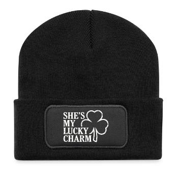 She's My Lucky Charm Distressed Shamrock - Recycled Patch Beanie - black - Front
