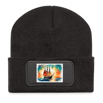Rotes Segelschiff im Sonnenuntergang - Recycelte Patch Beanie - Dunkelgrau - Vorne