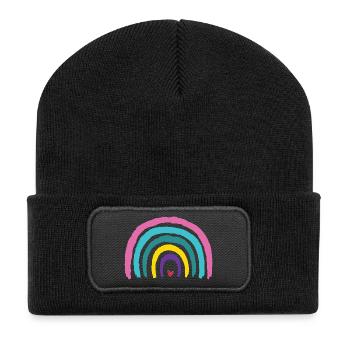 Regenbogen mit Herz Farben der 90er  - Recycelte Patch Beanie - Schwarz - Vorne