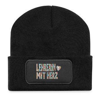 Lehrerin mit Herz!  - Recycelte Patch Beanie - Schwarz - Vorne