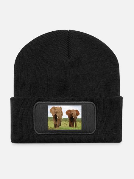 Zwei Elefanten auf Savanne - Recycelte Patch Beanie - Schwarz