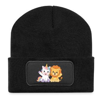 Einhorn und Löwe – Süße Kindergarten Freunde  - Recycelte Patch Beanie - Schwarz - Vorne