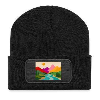 Bunte Berglandschaft mit Fluss und Sonne   - Recycelte Patch Beanie - Schwarz - Vorne