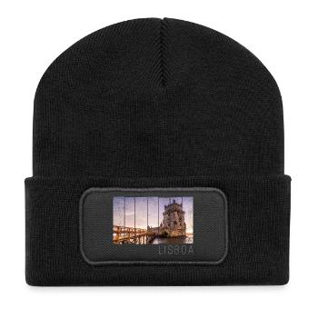 Lissabon Portugal Retro Torre de Belém Souvenir - Recycelte Patch Beanie - Schwarz - Vorne