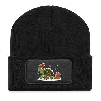 Weihnachtsschildkröte mit Schlitten - Recycelte Patch Beanie - Schwarz - Vorne