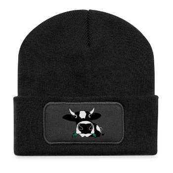 Happy cow eating healthy gras - Recycled Patch Beanie - black - Front