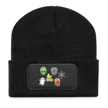 Sticker Bomb Space&Food - Alien, Geist, Banane,USW - Recycelte Patch Beanie - Schwarz - Vorne