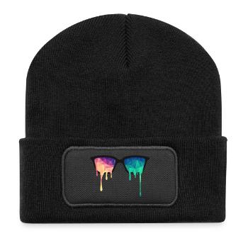 Psy Nerd Brille mit LSD Farb-Tropfen / Dreiecken - Recycelte Patch Beanie - Schwarz - Vorne