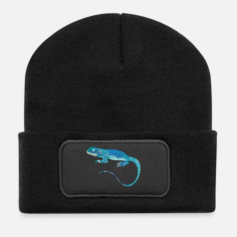 blauer Leguan Collage aus verschiedenen Muster - Recycelte Patch Beanie - Schwarz