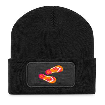 Badelatschen Hibiskus Flip Flops Sommer Urlaub Fun - Recycelte Patch Beanie - Schwarz - Vorne