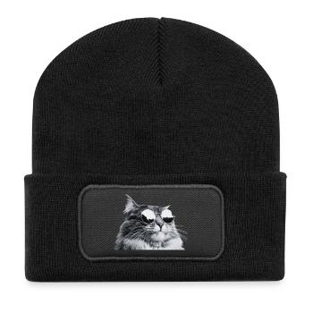 Graue Katze mit Sonnenbrille Porträt - Recycelte Patch Beanie - Schwarz - Vorne