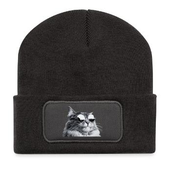 Graue Katze mit Sonnenbrille Porträt - Recycelte Patch Beanie - Dunkelgrau - Vorne