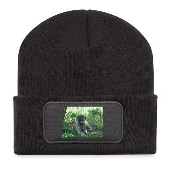 Vieux dogue anglais dans le jardin - Beanie recyclé à patch - charbon - Devant