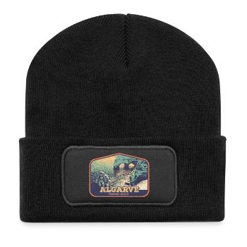 Retro-Abzeichen, Algarve Portugal, Strand Sommersonne - Recycelte Patch Beanie - Schwarz - Vorne