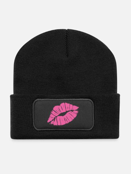 Smooch Pink Lipstick Kiss Mark Love Statement Tee - Recycled Patch Beanie - black