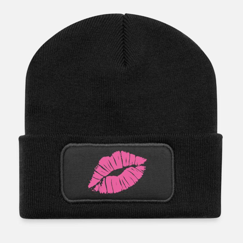 Smooch Pink Lipstick Kiss Mark Love Statement Tee - Recycled Patch Beanie - black