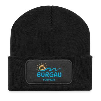 Burgau Portugal - Lebendiges Küstenwellen-Design - Recycelte Patch Beanie - Schwarz - Vorne