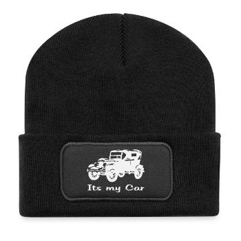 Oldtimer Motiv mit Schrift - Recycelte Patch Beanie - Schwarz - Vorne