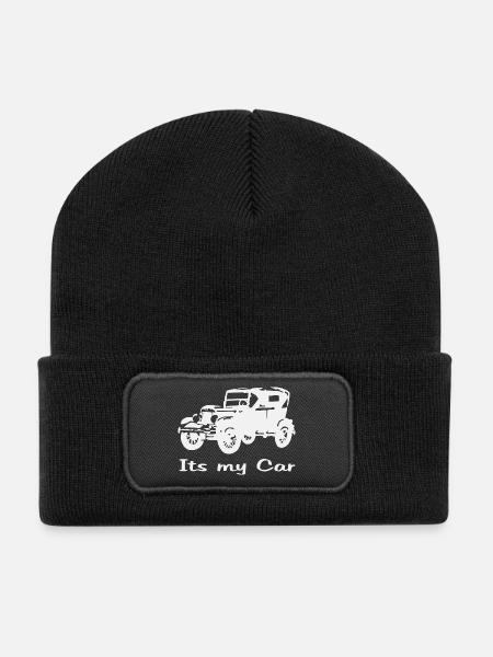 Oldtimer Motiv mit Schrift - Recycelte Patch Beanie - Schwarz