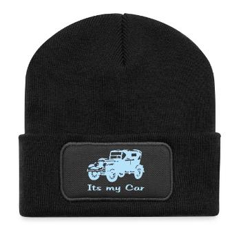 Oldtimer motiv mit Schrift - Recycelte Patch Beanie - Schwarz - Vorne
