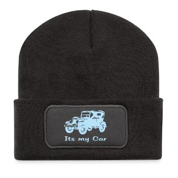 Oldtimer motiv mit Schrift - Recycelte Patch Beanie - Dunkelgrau - Vorne