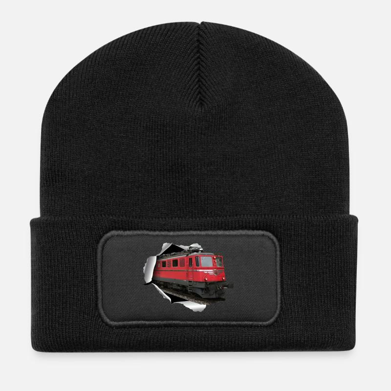 Lokomotive Re6/6 durchbricht Papier - Recycelte Patch Beanie - Schwarz