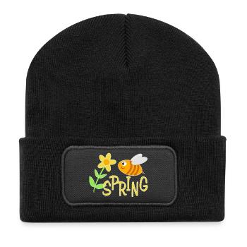 Fröhliche Bienchen mit Blumenmotiv - Recycelte Patch Beanie - Schwarz - Vorne