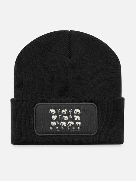 Éléphants et feuillages noir et blanc répétitif - Beanie recyclé à patch - noir