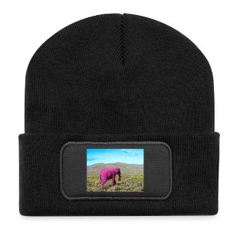 Rosa Elefant in der verlassenen Savanne - Recycelte Patch Beanie - Schwarz - Vorne