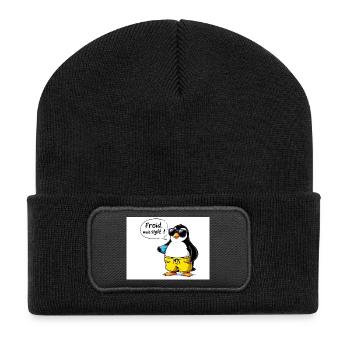 Stylische Pinguin Hülle mit Brille - Recycelte Patch Beanie - Schwarz - Vorne