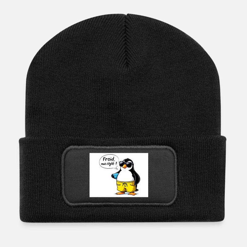 Stylische Pinguin Hülle mit Brille - Recycelte Patch Beanie - Schwarz