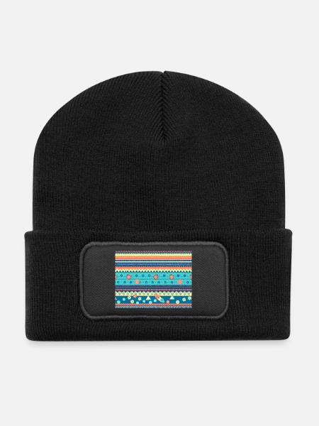 Farbenfroher Boho Wintermuster - Recycelte Patch Beanie - Schwarz
