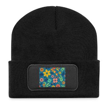 Motif floral de style rétro sur fond bleu foncé - Beanie recyclé à patch - noir - Devant