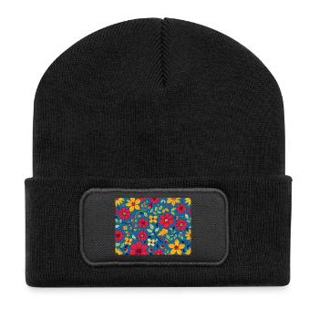 Motif floral avec rouge et jaune sur bleu - Beanie recyclé à patch - noir - Devant