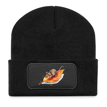 Mouse on Autumn Leaf Watercolor Motif - Recycled Patch Beanie - black - Front