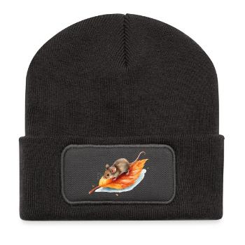 Mouse on Autumn Leaf Watercolor Motif - Recycled Patch Beanie - dark grey - Front