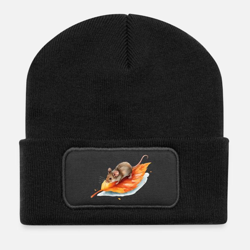 Mouse on Autumn Leaf Watercolor Motif - Recycled Patch Beanie - black