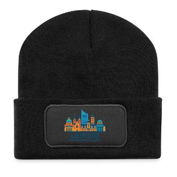 Leipzig Skyline Pulsierend Silhouette  - Recycelte Patch Beanie - Schwarz - Vorne