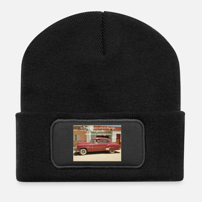 Vintage Pink Car und Psalm-Leitung - Recycelte Patch Beanie - Schwarz