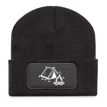 Zelt Lagerfeuer Camping - Recycelte Patch Beanie - Dunkelgrau - Vorne