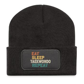 Eat Sleep Taekwondo Repeat - Retro Kampfsport  - Recycelte Patch Beanie - Dunkelgrau - Vorne